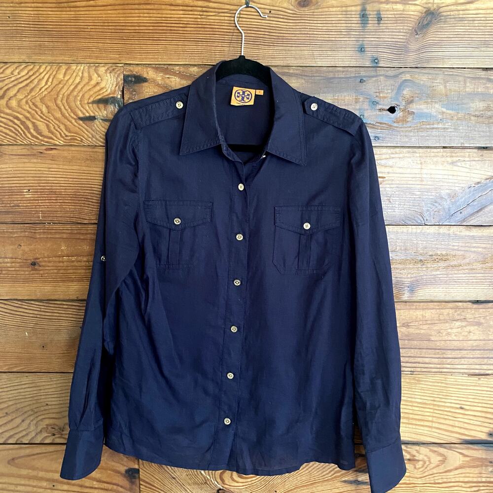 Tory Burch Brigitte Roll Tab Button Down Blouse 100% Cotton sz 8